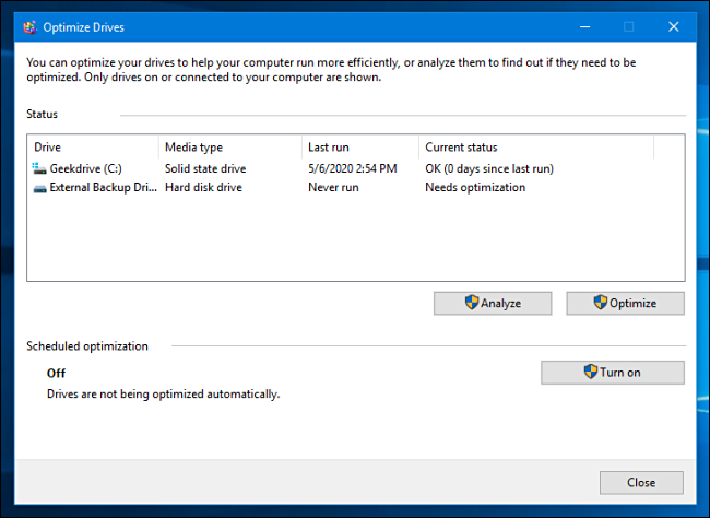 Defragment hard drive on Windows 10
